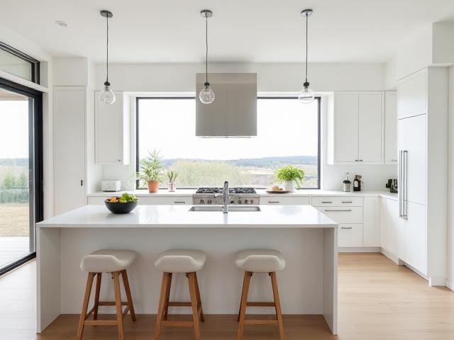 Moderni, valkoinen keittiö täydellisen remontin jälkeen, jossa on saareke ja tyylikkäät valaisimet