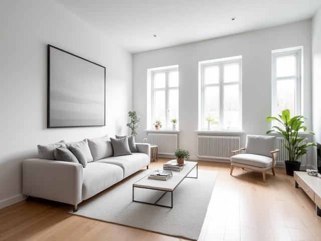 Remontoitu avara olohuone, jossa on valkoiset seinät, puulattia ja modernit huonekalut